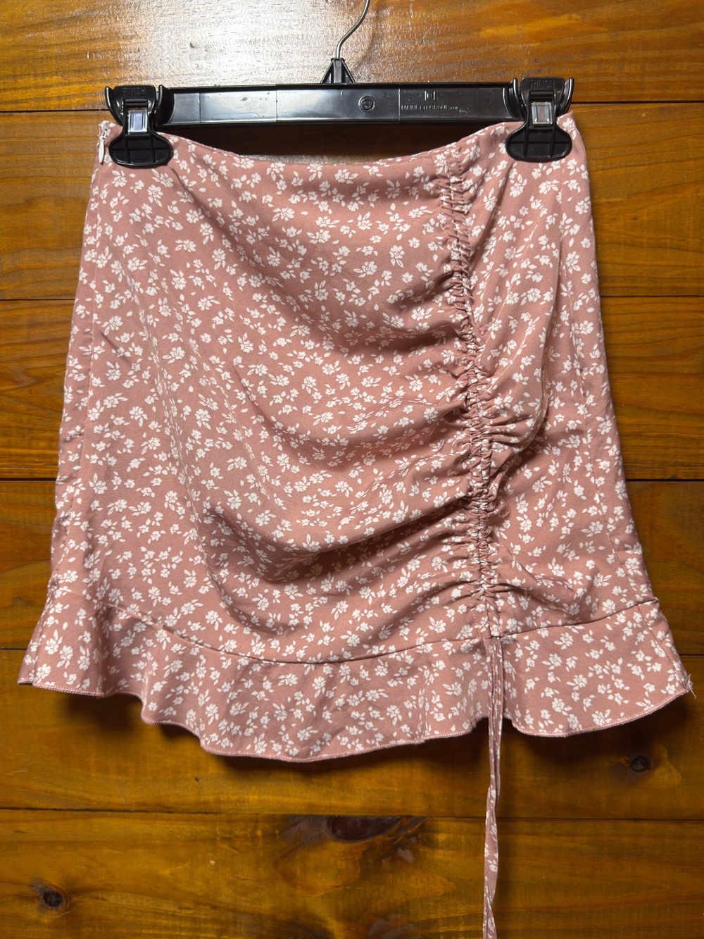 SHEIN Dusty Rose Floral Ruched Drawstring Mini Skirt